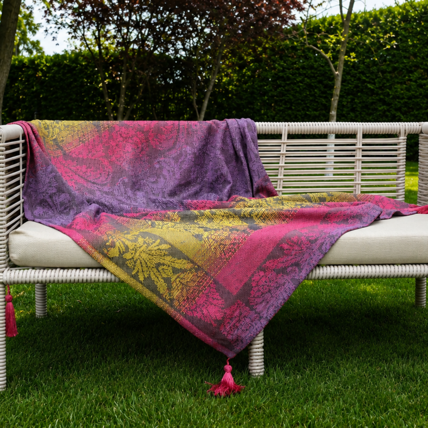 Fuşya Mor Damask Püsküllü Koltuk Şalı 130X150 cm