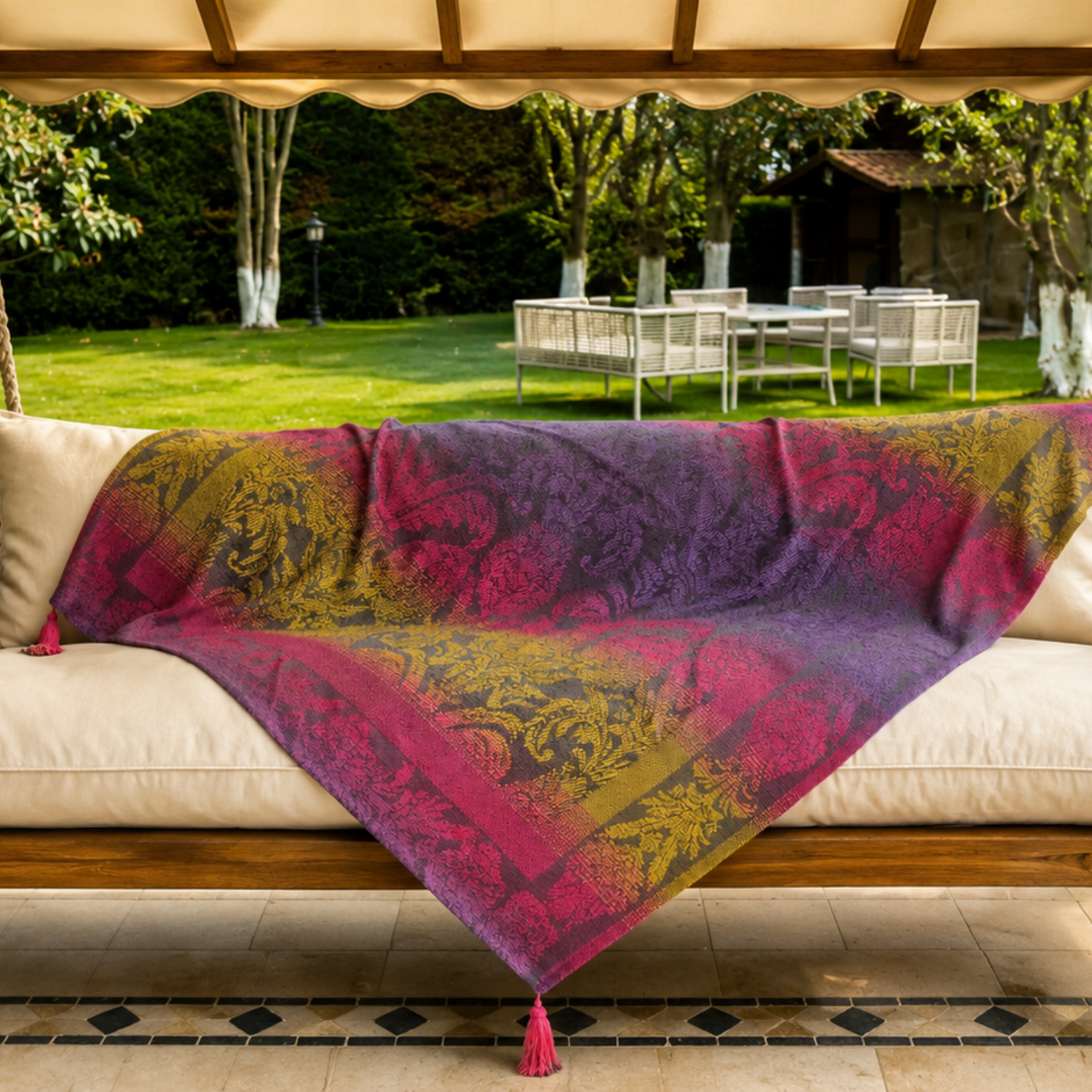Fuşya Mor Damask Püsküllü Koltuk Şalı 130X150 cm