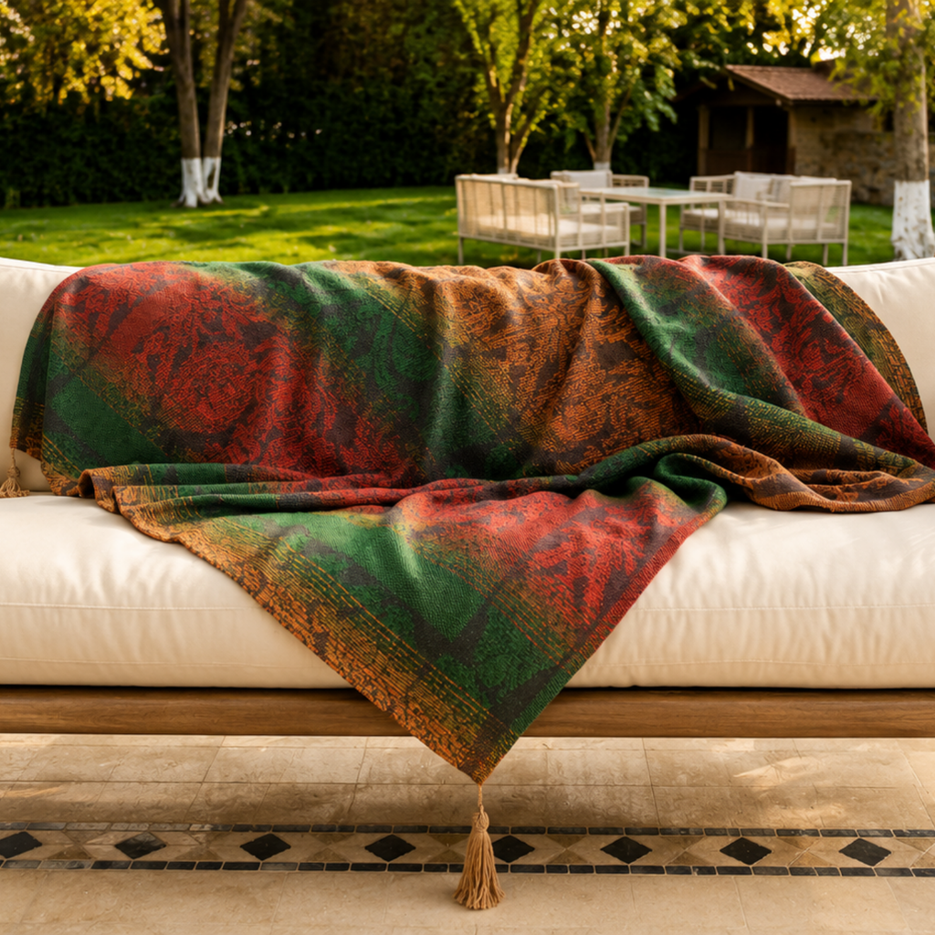 Renkli Damask Püsküllü Koltuk Şalı 130X152 cm