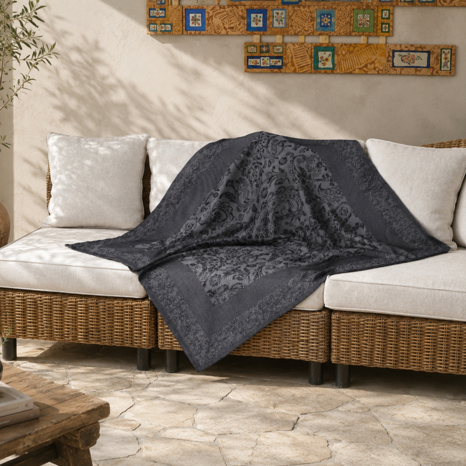 Koyu Antrasit Damask Koltuk Şalı 130X151 cm